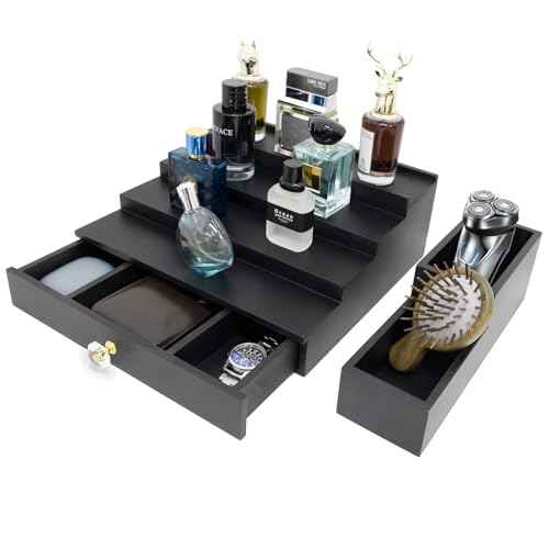 4 Tier Wood Cologne Organizer Stand for Men Wooden Black Perfume Shelf Fragrance Display Risers with Drawer Hidden Compartment Cologne Holder Wood Dresser