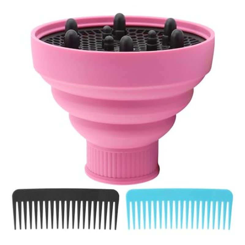 Universal Foldable Hair Dryer Diffuser, Travel Hair Dryer Diffuser Attachment with Comb, Portable Hairs Diffusers Blow Dryers Attachment for Natural Thick Hairs(Color:Pink)