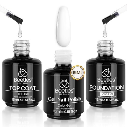 Beetles 3Pcs 15ml White Gel Nail Polish and No Wipe Gel Top Coat & Base Coat Halloween Set, Soak Off UV Lamp and Long Lasting Glossy Top Coat French Manicure Art Design Kit