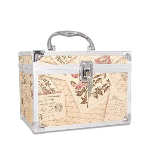 VNIMTI Makeup Train Case, Portable Makeup Box with Mirror, Cosmetic Storage Box for Women with Trays, Makeup Box Organizer for Vanity, Travel, Lockable& Large Capacity (Philatelic Style)