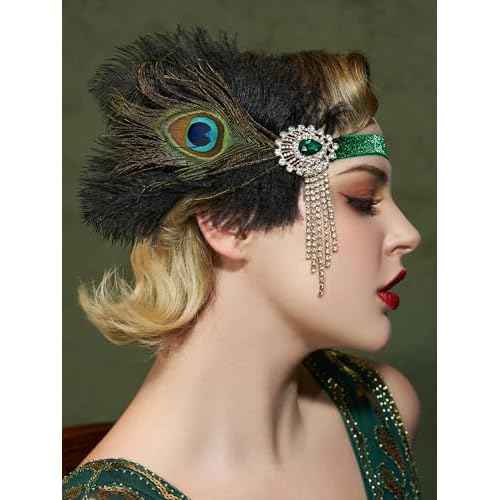 SWEETV 1920s Flapper Headpiece for Women, Roaring 20s Flapper Headband Great Gatsby Hair Accessory for Women,Green