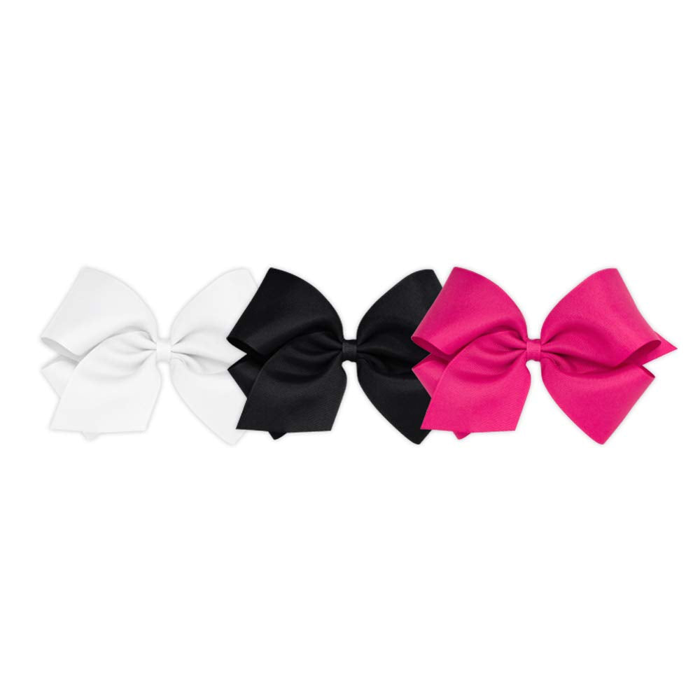 Wee Ones Girls' 3 pc Set Solid Grosgrain Variety Pack on a WeeStay No-Slip Hair Clip, King, White, Black, and Shocking Pink