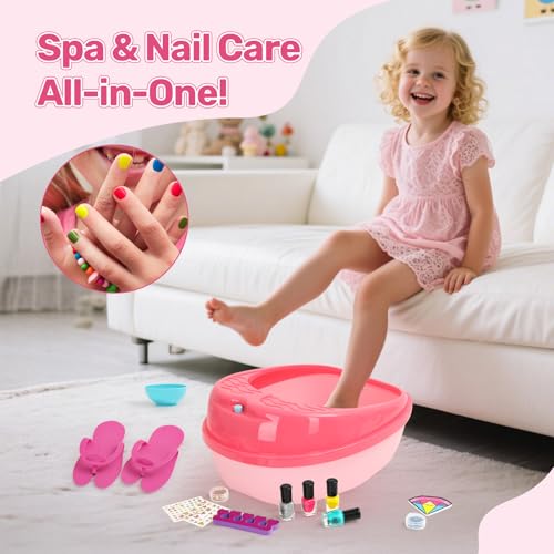 Kids Foot Spa with Nail Kit for Girls 4-12, All-in-1 Kids Pedicure Foot Spa Day Salon Toy Kit with Colorful Lights & Nail Art, Party Birthday for Girl?s
