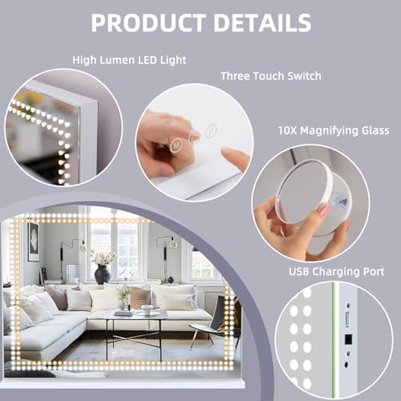 Misavanity Vanity Mirror with Lights Dots Makeup Mirror with LED Lights 31.5" x 22.8" Tempered Glass Lamp Bead Touch Screen Control Dimmable 3 Colors Modes USB Charging Port 10X Magnification, White