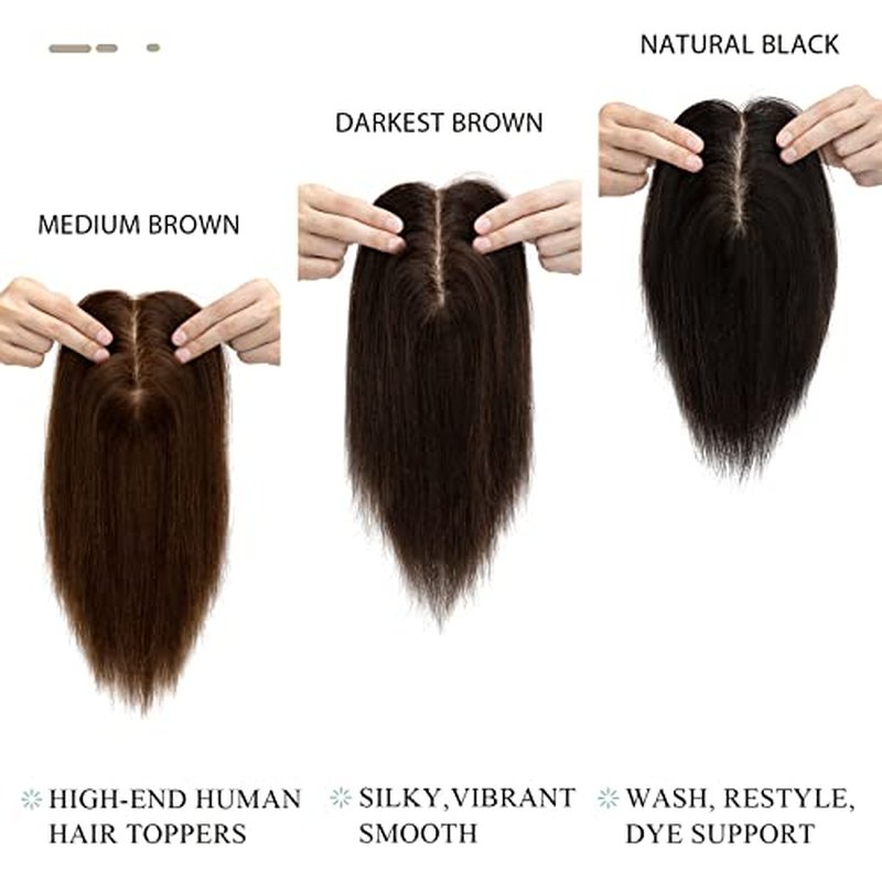 Hairro Human Hair Toppers for Women, Clip in Real Hairpieces, 130% Density 3"x5" Silk Base with Free Parting, for Covering Greyish Thinning Hair Loss/Adding Volume, 6 Inch Dark Brown