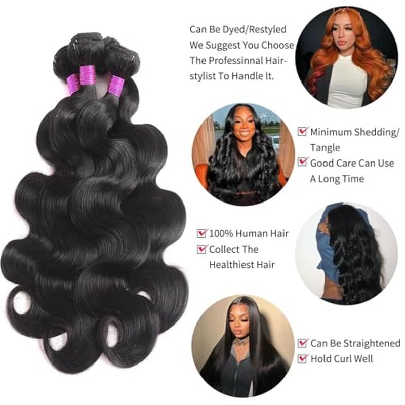 12A Human Hair Bundles 18 20 22 24 Inch Body Wave 4 Bundles Human Hair 100% Unprocessed Brazilian Virgin Weave Human Hair Extensions Natural Black