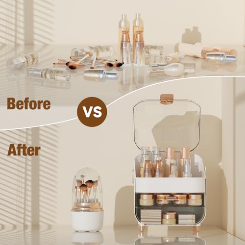 Makeup Organizer, Skincare Organizers With Makeup Brush Holder, Cosmetic Organizer for Countertop,Bathroom, Vanity, Cosmetic Display Cases, Christmas Gifts for Teen Girls (Rose Gold)