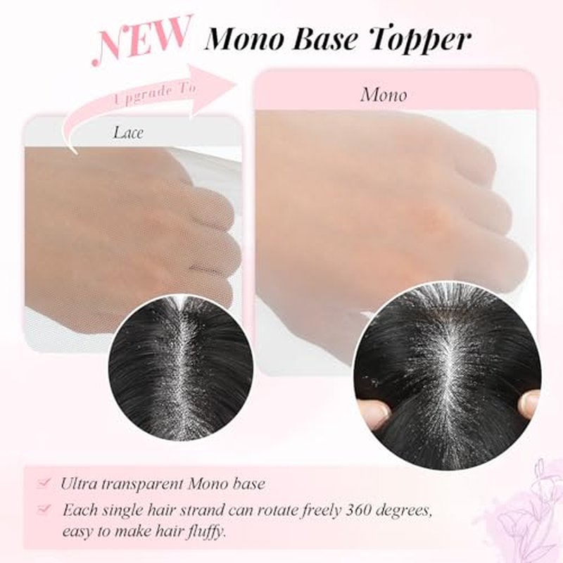 Fine Plus 14Inch Hair Toppers for Women Real Human Hair ? Mono Base 3"x5", Natural Black Virgin Quality, for Thinning Crown & Wide Parting, Lightweight & Breathable, Add Volume Can Be Curled