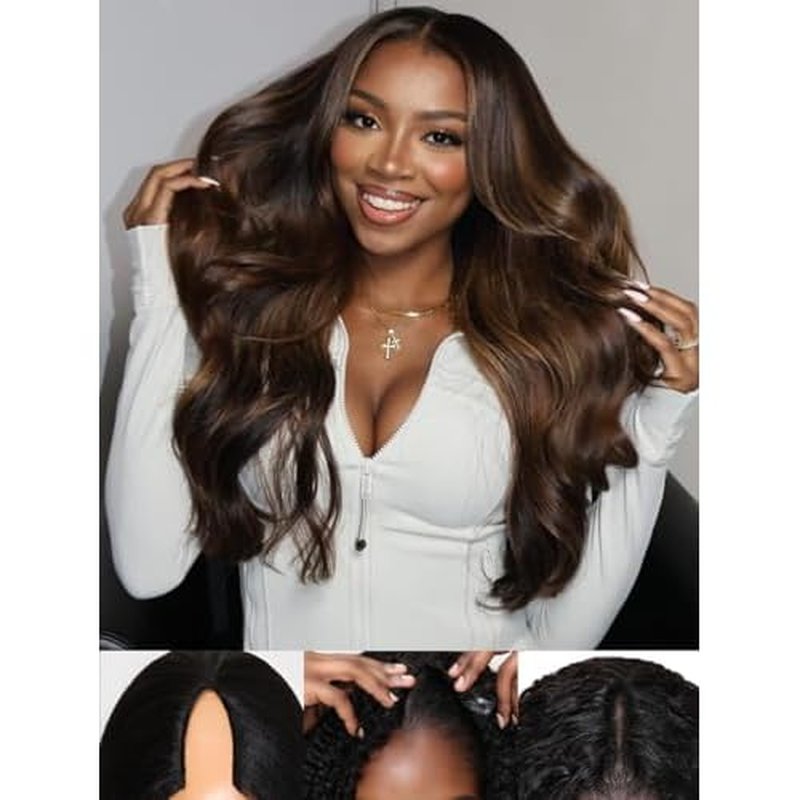 Sunber EasiContour V Part Human Hair Glueless Ombre Chestnut Brown Body Wave Wig Upgrade Vpart Wigs 180% Density No Leave Out No Gel V Shape Clip No Sew in Beginner Friendly Put On and Go 16Inch