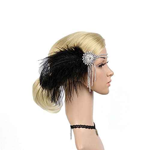 Flapper Headbands for Women 1920s Feather Headpiece Great Gatsby Roaring 20s Hair Accessories Crystal Elastic Rhinestone (Black)