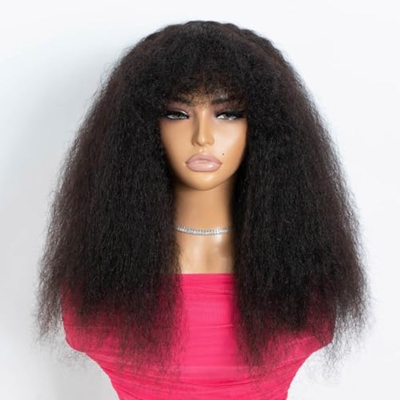 Rebecca Fashion Afro Kinky Curly Wig with Bangs Human Hair Glueless Minimalist 2.5x1 Lace Scalp Wig for Women Glueless Wear and Go Wigs Natural Color