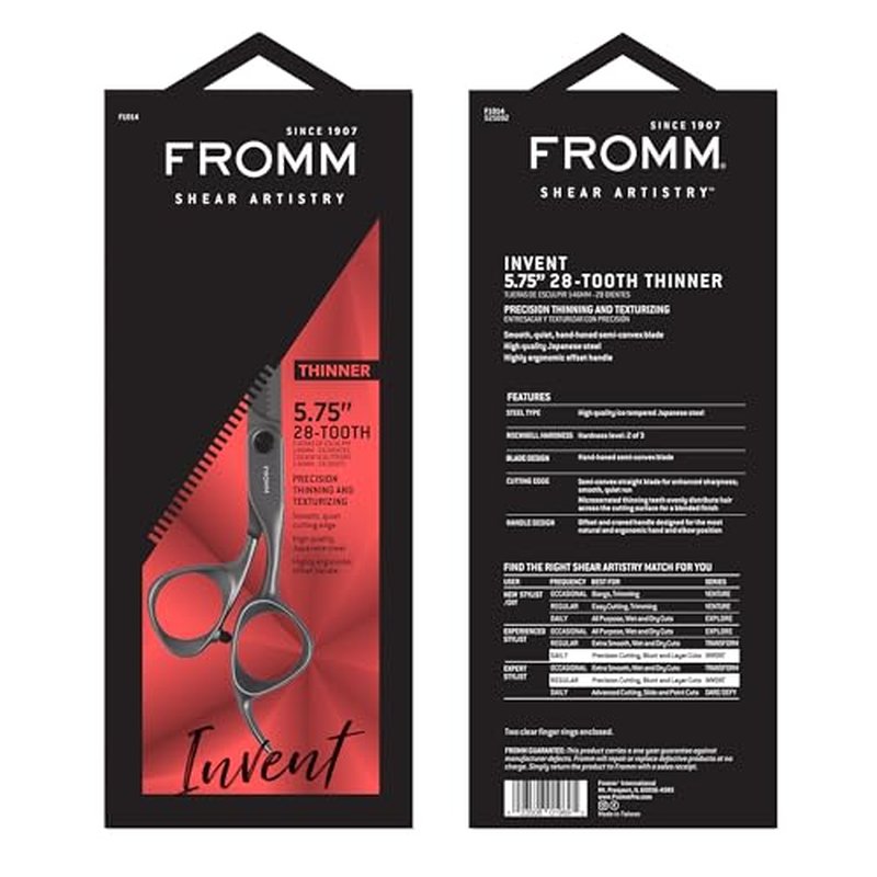 Fromm Invent 5.75" 28 Tooth Thinning Shears for Haircutting Wet and Dry Hair, Polished Silver Japanese Steel Scissors with Semi-Convex Blades and Microserrated Thinning Teeth