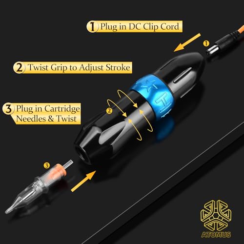 Rotary Tattoo Pen Machine, ATOMUS Tattoo Short Pen Style Cartridge Machine Gun Liner Shader with DC Cord 9000r/m Coreless Motor Aluminum Alloy Frame Tattoo Machine (Blue)