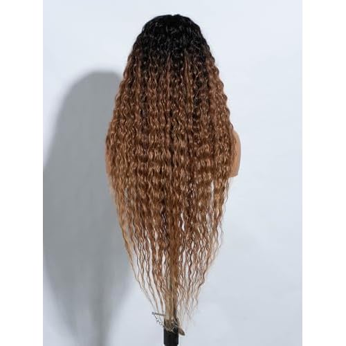 Joedir 32" Long Deep Curly Wavy Lace Front Synthetic Wigs HD Transparent Glueless Lace Wig Heat Resistant Fiber Pre Plucked Hairline with Baby Hair Wig for Women(Ombre Black to Honey Color)