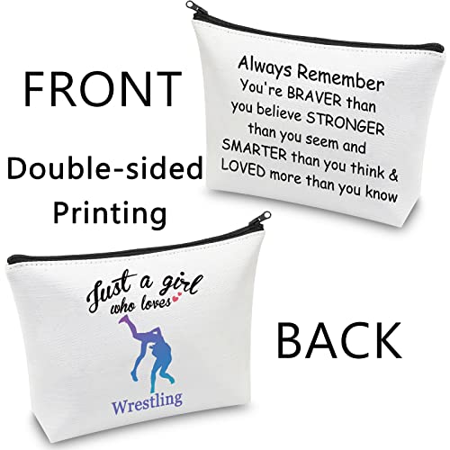 CMNIM Wrestler Girl Gifts - Just a Girl Who Loves Wrestling Makeup Cosmetics Bag, Inspirational Travel Zipper Bag for Girls (White)