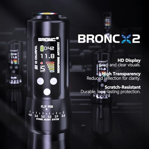 BRONC X2 Wireless Tattoo Pen Machine 2,000mAh Battery - 6 Adjustable Strokes, Rotary Cartridge Tattoo Machine Gun with Replacement Power Supply - for Tattoo Artists (Black)