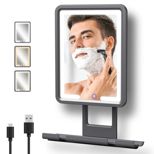 Rocollos Heated Fogless Shower Mirror, 360 Rotation, 3 Color Lighted, Rechargeable, Anti-Fog, Black, 13"L x 9"W