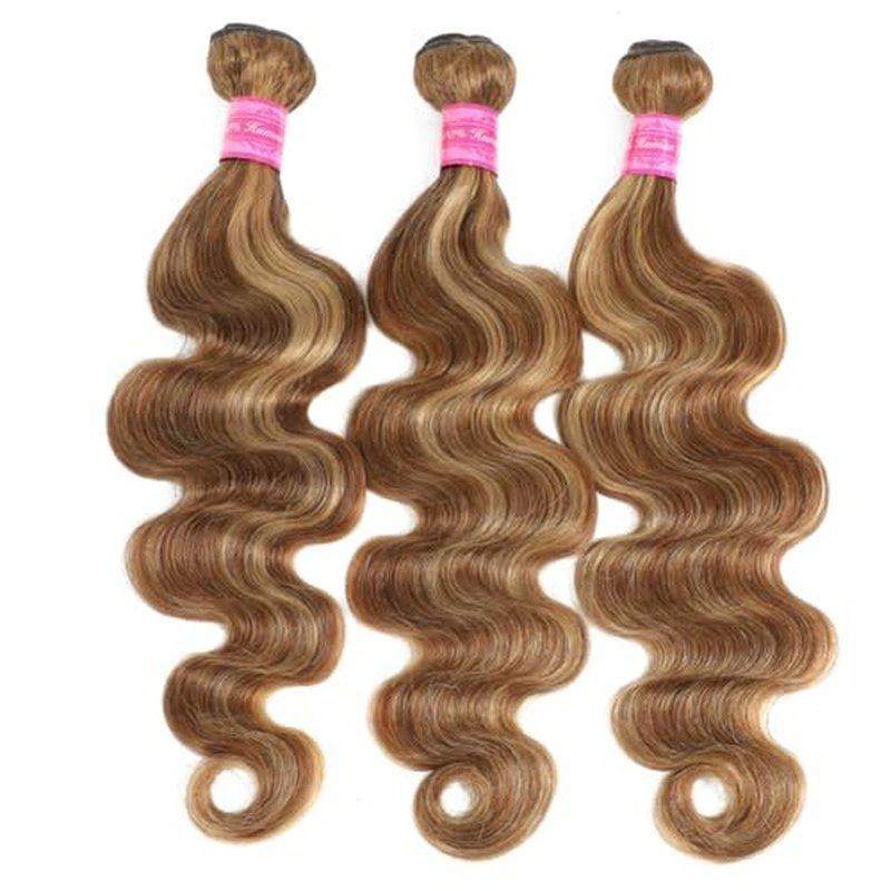 YISEA Ombre Highlight Body Wave Bundles Human Hair 12A Honey Blonde P4/27 Human Hair Body Wave 4 Bundles (18 20 22 inch) 100% Unprocessed Brazilian Virgin Hair Bouble Weft Natural Weave