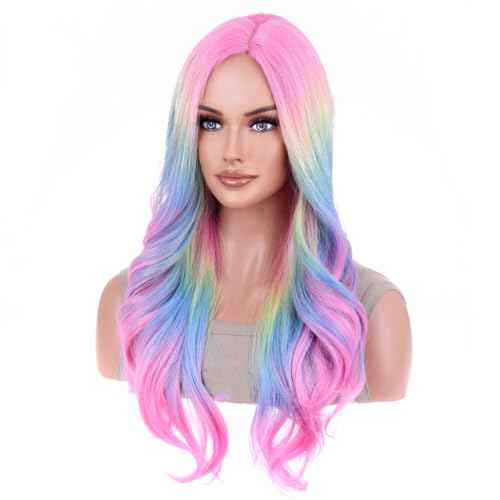 ANESHE Rainbow Ombre Wigs Colorful Ombre Wavy Wig for Women Long Curly Heat Resistant Synthetic Hair Wigs for Cosplay Party