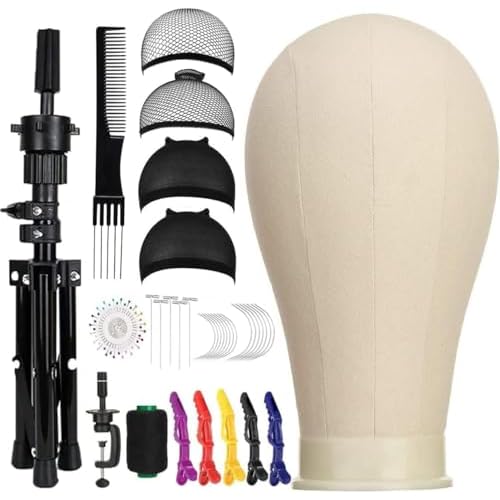 23 Inch Canvas Block Mannequin Head for Wigs Making Display with Wig Caps, T Pins, C Bristle Brush