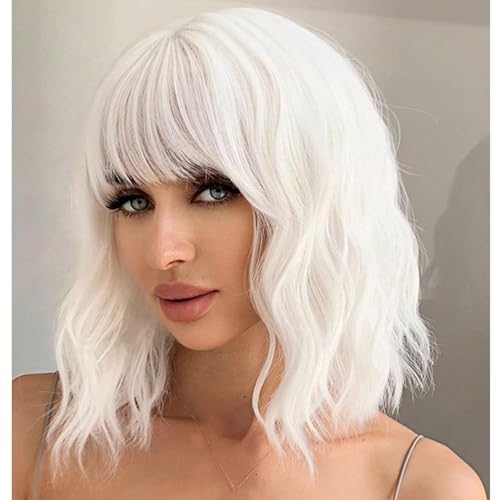 andromeda White Wavy Wig with Bangs Soft Short Bob Wigs for Women Synthetic Shoulder Length Women's Wig for Halloween Costumes Cosplay Daily (White)