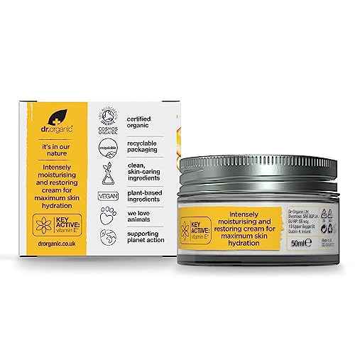 Dr. Organic Vitamin E Moisturising and Restoring Cream | Deeply Hydrates, Restores Skin’s Natural Balance, Natural, Certified Organic, Paraben & SLS-Free, 50 mL / 1.7 fl oz