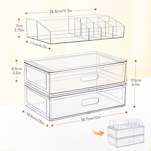 Clear Stackable Makeup Organizer with Drawer, 12''W Acrylic Storage Drawers, Cosmetic Display Case for Vanity Bathroom Countertop, Beauty Holder for Lipstick Brush Skincare Perfume (4 Pack)