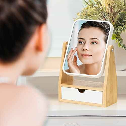 YEAKE Vanity Double Sided Magnifying Makeup Mirror with Storage, Adjustable Natural Bamboo Stand, Portable Desk/Table Mirror, Rectangular