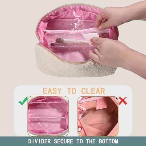 Makeup Bag - Large Capacity Travel Cosmetic Bag, Travel Toiletry Bag Cute Plush Makeup Pouch with Handle and Divider Flat Lay Portable Makeup Case Organizer for Women (Black)