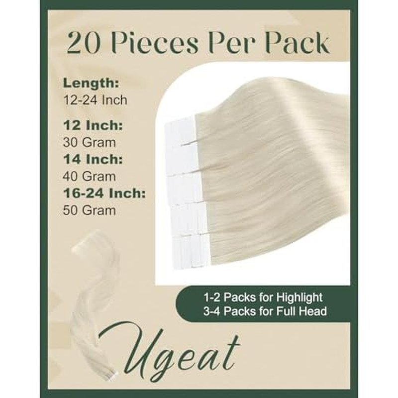Ugeat Platinum Blonde Tape in Hair Extensions Blonde Hair Extensions for Girl Tape ins No Damage to Natural Hair for Girl Add Length for Wedding 24Inch 20Pcs 50G