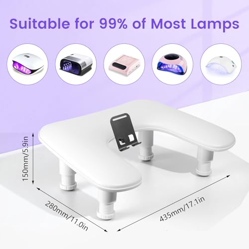 Arm Rest for Nails Tech: 3rd Generation Manicure Nail Arm Rest with Rotating Phone Stand, U-Shaped Height Adjustable Hand Rest Pillow for Acrylic Nails White