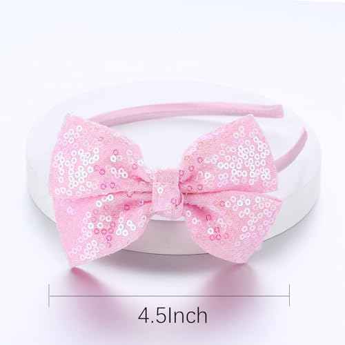 Kiszu Sparkly Sequin Hair Bow Headband for Girls, Kids, and Toddlers - Fashion Cute Boutique Style Hair Accessory - 3 Piece (White,Pink,Gold)
