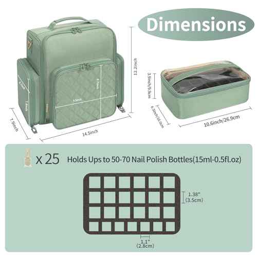 OCHEAL Nail Polish Organizer, Holds Nail Lamp and 75+ Bottles, Nail Organizers and Storage Holder Case with 3 Individual Bags Fit Manicure Tools Manicurist Travel Carrying kit -Green