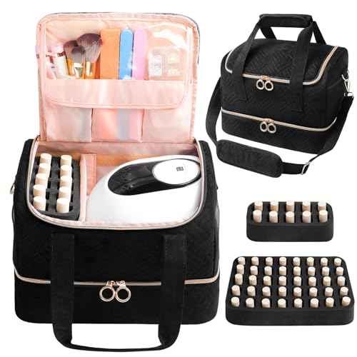 Nail Polish Organizer Bag Holds 50 Bottles (15ml/0.5fl.oz)& Nail Lamp, Soft Velvet Nail Kit Storage Carrying Case with Shoulder Strap, Double Layer Nail Supplies Organizer Handbag Women Black