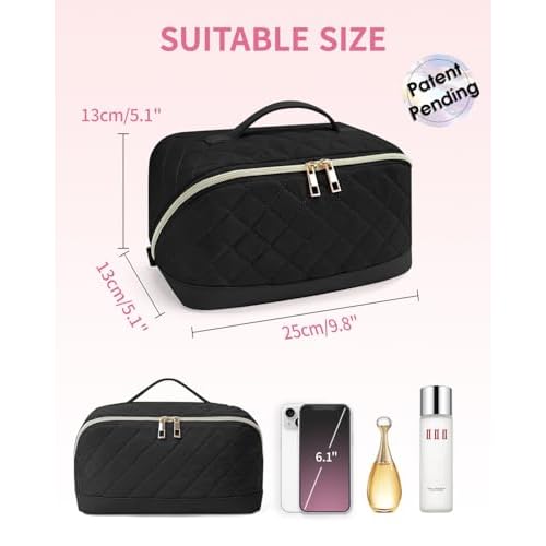 Wandering Nature Travel Makeup Bag,Travel Make up Bag with Large Capacity,Quilted Makeup Organizer Bag, Open Flat Travel Toiletry Bag for Women Cosmetic Bag with Divider and Handle,Patent Pending