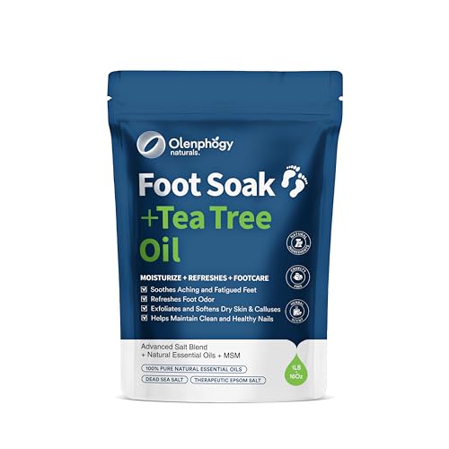 Tea Tree Oil Foot Soak with Epsom Salt - For Stinky Feet, Softens Callus, Cracked Heel Care, Toenail Repair - Epsom Salts for Soaking for Pain, Pedicure Foot Spa for Women, Men, 16oz