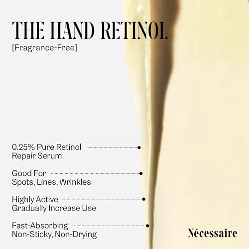 N?cessaire The Hand Retinol. Anti-Age Repair Serum. For Crepiness, Wrinkles, Spots, Brittle Cuticles. 0.25% Pure Retinol. 5% AHA. Dermatologist-Tested. Hypoallergenic. Non-Comedogenic.