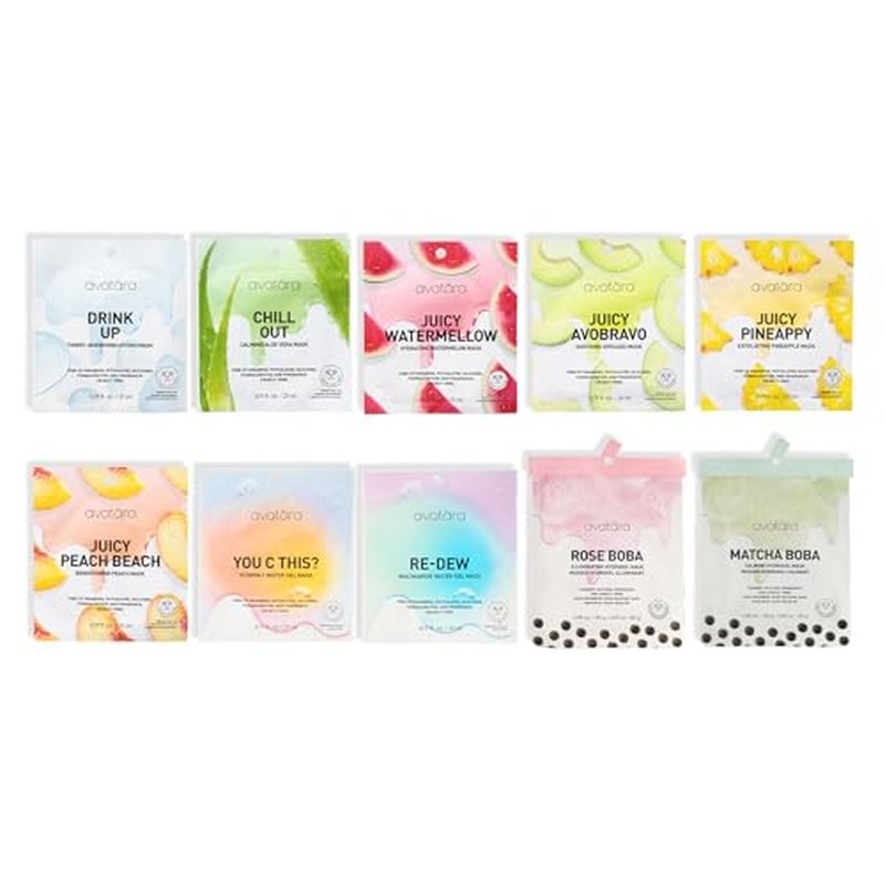 Avatara Sheet Mask Set, Facial Mask Variety Set of 10, Face Mask Skincare with Natural Extracts, Hydrating Face Mask Skin Care Set, Made with Tencel Fibers, All Skin Types, Teen Skincare, 10 Pack