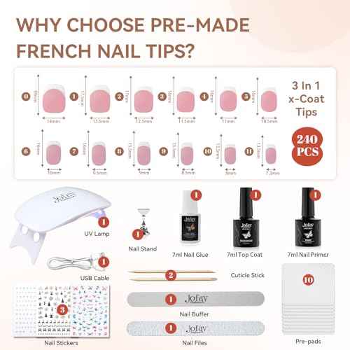 Jofay Fashion French Tip Kit, Press On Nails 240Pcs Spring Pink Square Short, Pre-Base & Pre-made Tips, Acrylic Glue on Nails