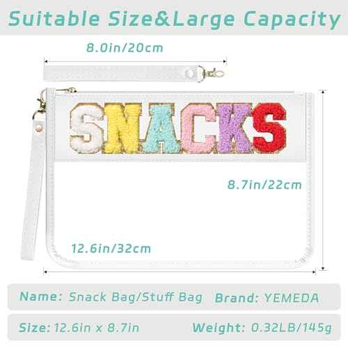 Clear Zipper Pouch PVC Waterproof Nylon Makeup Letter Bag for Women Girls Chenille Letter, for Travel, Cosmetic Bag, Snack Bags, Clear Stuff Bags, For Travel,£¨White-Snacks£©