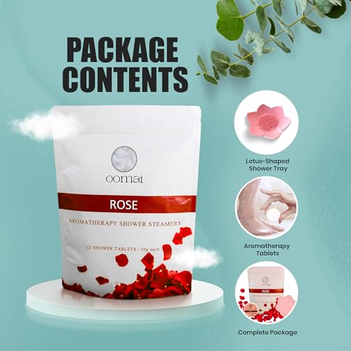 Oomai Shower Steamers Aromatherapy Rose Scent 12 Pack with Tray, Gifts for Women, Spa Set, Thanksgiving Christmas Birthday, Realaxation, Self Care