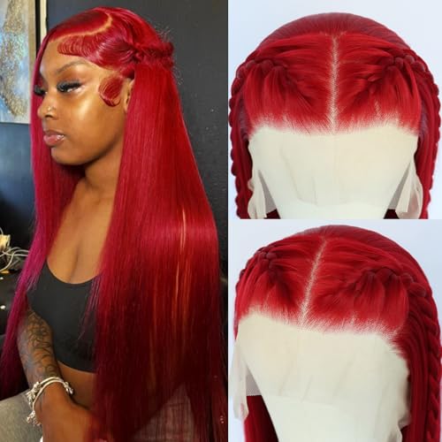 13x6 Red Synthetic Lace Front Wigs Long Straight Hair Red Color Wigs Pre Plucked Wig Natural Hairline Glueless Lace Wigs Heat Resistant Fiber Hair Synthetic Lace Front Wigs for Women Daily Use