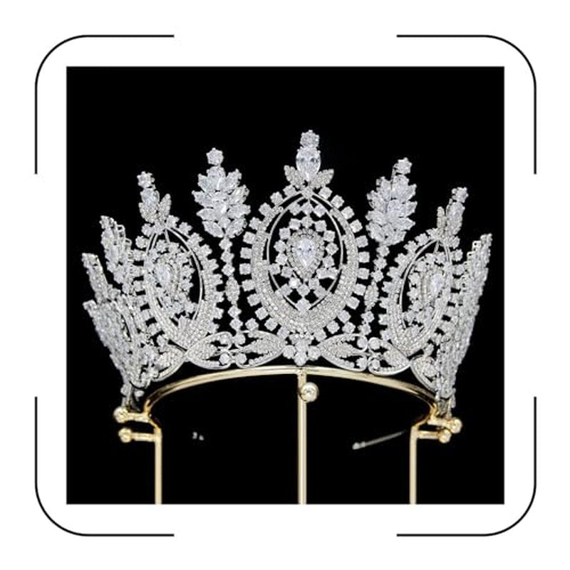 QXMYOO Tall Royal Queen Crown Cubic Zirconia Gold Silver Large Wedding Tiara for Bride Prom Quinceanera Pageant Princess Headpieces Birthday Party CZ Bridal Hair Accessories