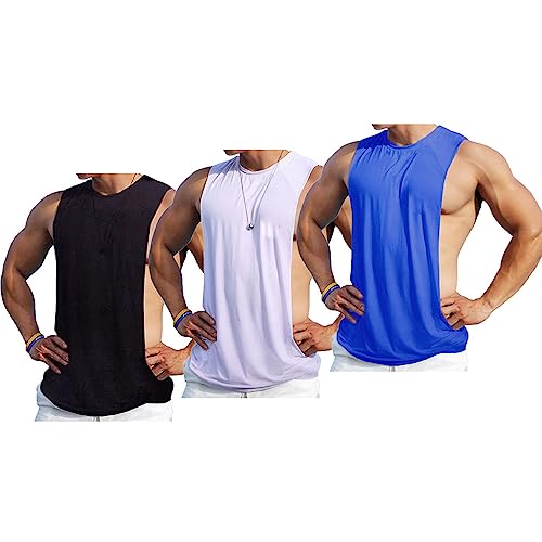 Ychnaim Men's Sleeveless Muscle Stringer Tank Top Cut Open Gym Training Bodybuilding Vest Shirts Color Black/White/Blue Size L