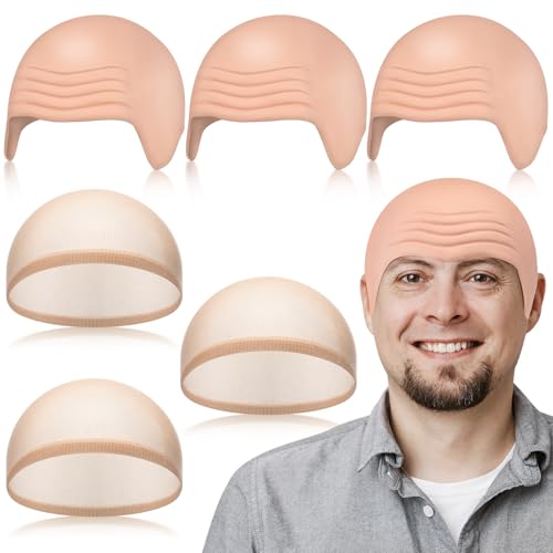 6 Pcs Halloween Bald Caps for Men Women Makeup Latex Bald Head Wig Caps Balds Cosplay Costume Accessories for Adults(Beige,Medium,Normal)