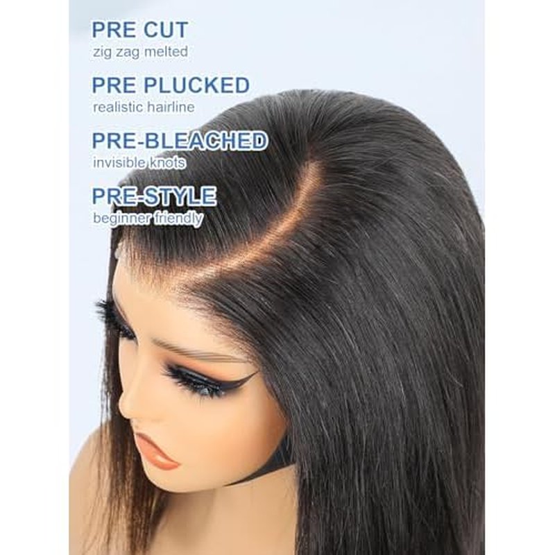 16 Inch Bob Straight Side Part 7x5 Wear and Go Glueless Wigs Human Hair Pre Cut Pre Plucked Bleached HD Lace Front Bob Wig Human Hair 180% Density Short Straight Wigs for Black Women