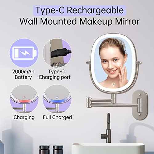 Lighted Wall Mounted Makeup Mirror, Double Sided 1X/7X Magnifying Mirror, 3 Color Lighting Option Dimmable, 360 Rotation Extension Foldable Arm, Oval Frame Rechargeable Vanity Mirror with Lights