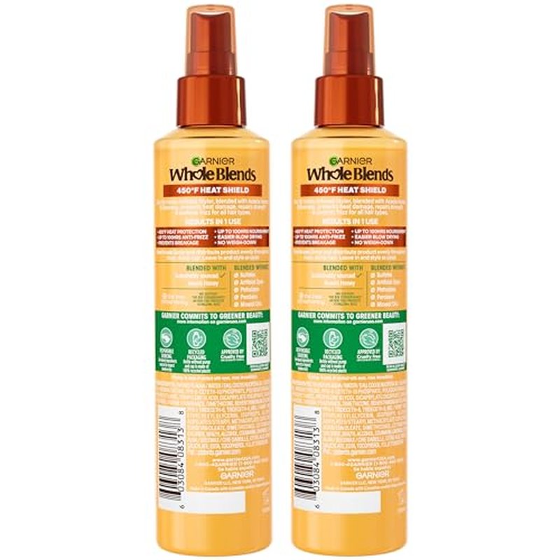 Garnier Whole Blends Hair Honey Milk 450F Heat Protectant Spray, For All Hair Types With Up To 100 Hrs of Frizz Control, 8.5 Fl Oz, 2 Count