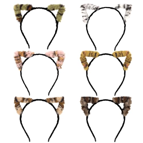 WHAVEL Leopard Cat Ears Headband Plush Cheetah Ears, Soft Furry Cat Headband Cute Halloween Headbands for Women & Girls Halloween Cosplay Party Costume Hair Accessories,6pcs