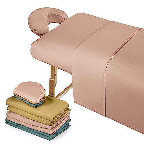 Kinlop 3 Sets Microfiber Massage Table Sheet Set 3 Colors 3 Piece Set Includes Massage Flat Sheet Fitted Sheet and Massage Face Rest Cover Stain Wrinkle-Resistant(Yellow, Pink, Dark Green)